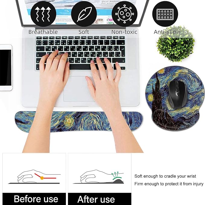 Keyboard Wrist Rest and Mouse Pad Wrist Support Set,Ergonomic Memory Foam Wrist Pad & Non Slip Base for Home Office Working Studying Easy Typing,Pain Relief,Starry Night
