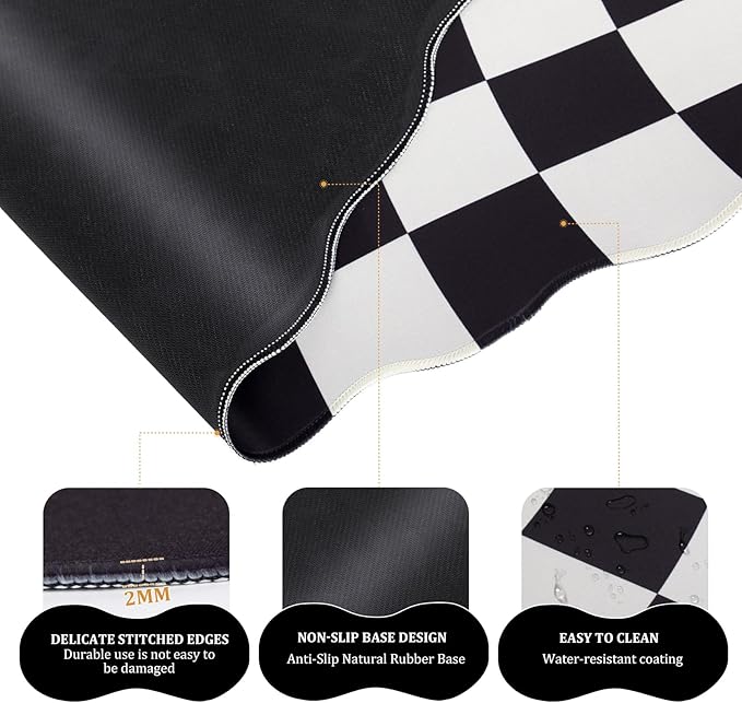L-SPOUTTO Black Checkered Mouse Pad Set,Scalloped XXL Desk Mat + Ergonomic Mouse Wrist Rest + Gel Keyboard Wrist Rest for Keyboard 65%/75%,3in1 Large Desk Pad for Desktop Home Office Computer Game