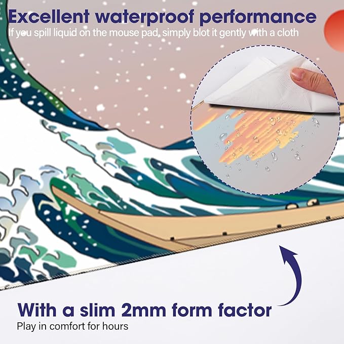 Japanese Sea Wave Large Gaming Mouse Pad – 31.5" x 15.7" Full Desk Mat, Non-Slip Rubber Base, Stitched Edges, Waterproof Durable Surface for Esports, Office, Home