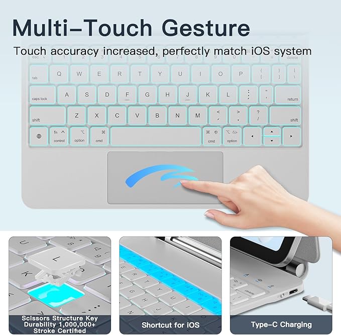 for iPad Air 11 inch Case with Keyboard (M4/M3/M2, 2026/2025/2024), iPad Pro 11 (4th/3rd/2nd/1st Gen) & Air 5/4th Magic Keyboard Case, 11 Colors Backlit, Multi-Touch Trackpad, White