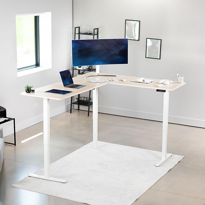 VIVO Corner Standing Desk, 75 x 63 inch Reversible L-Shaped Workstation, Electric Height Adjustment, Home, Office, and Reception Rooms, Light Wood Table Top White Frame, DESK-E3CTC-75
