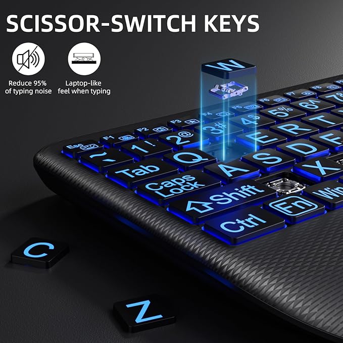 Large Print Backlit Wireless Keyboard – Silent Keyboards with Wrist Rest, 7-Color Light up, Quiet Low Profile Keys, 2.4G Wireless Rechargeable Full Size Keypad for Computer Laptop Windows, Black