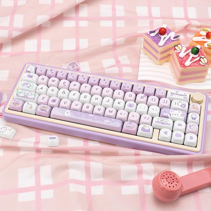 PBT Keycaps, MOA Profile Keycaps 132 Keys Dye Sublimation Purple Cute Cat Customized Keycap Set for ANSI Layout Cherry MX Switches Mechanical Keyboards