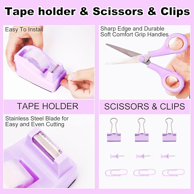 Desk Organizers and Accessories Set with 360-Degree Rotating Pen Holder, Tape Dispenser, Stapler, Staple Remover, 1000 Staples, Tape, Clips Set, Ruler, Scissor, Pen
