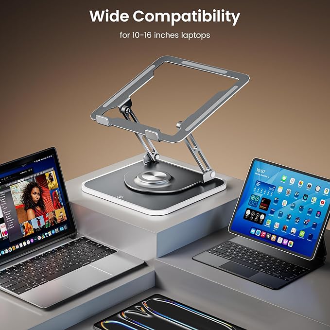 Laptop Stand for Desk, Adjustable Computer Stand with 360° Rotating Base, Ergonomic Laptop Riser for Collaborative Work, Foldable & Portable Laptop Stand, fits for All 10-16" Laptops (RGB-Gray)