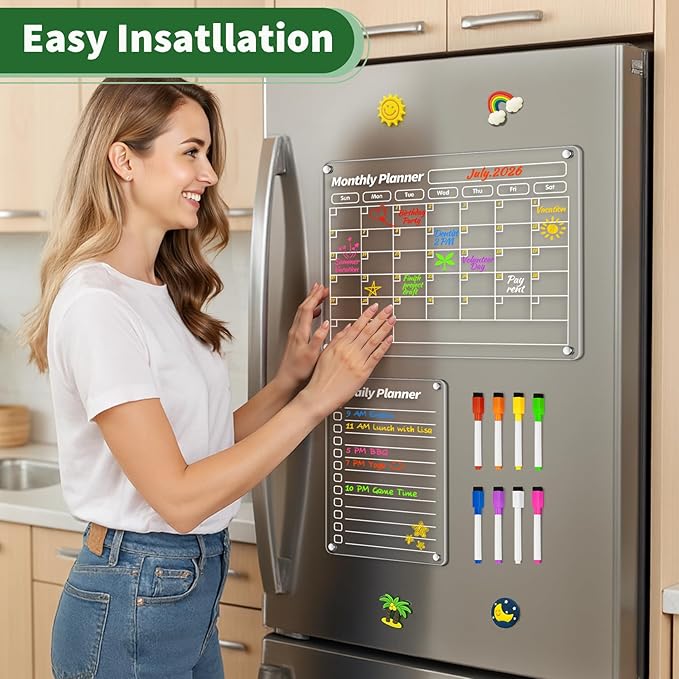 FINDMAG Acrylic Magnetic Dry Erase Board for Fridge, 16"x12" Magnetic Calendar for Refrigerator, Shopping List for Fridge, Clear Notepad Note for Adults with 8 Colors Markers