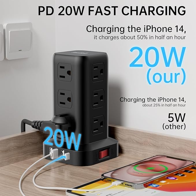 Extension Cord with Multiple Outlets, SMALLRT Surge Protector Power Strip Tower with USB Ports 12 AC Outlets, PD 20W USB C, 15FT Outlet Extender for Home Dorm, Office Supplies, Overload Protection