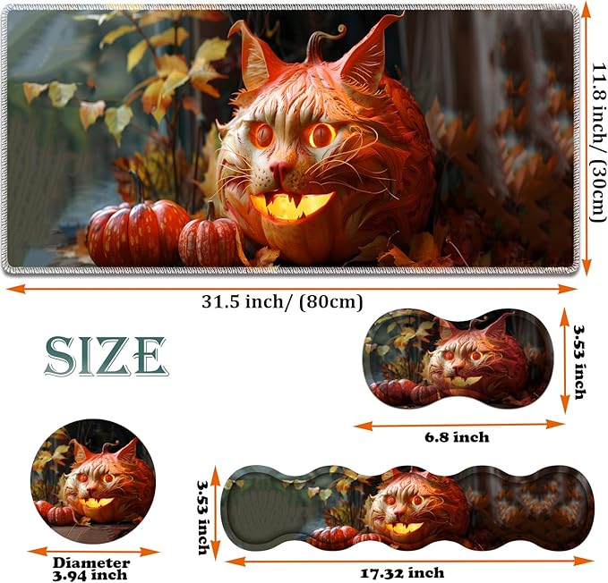 Large Gaming Mouse Pad + Keyboard Wrist Rest + Wrist Support + Coaster Set, Memory Foam Ergonomic for Easy Typing, XXL Extended Gaming Mouse Pad Table Pad - Pumpkin Cat