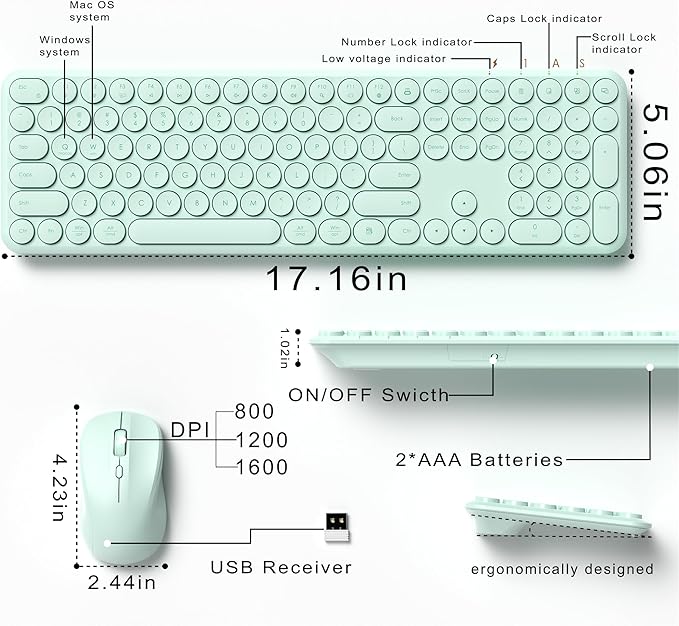 Wireless Keyboard and Mouse Set – MPTOG Full-Sized 110Pcs Slim Round Key Design, Quiet Typing, Adjustable DPI Ergonomic Mouse, Wireless Combo for PC, Mac, Laptop, Tablets(Mint Green)