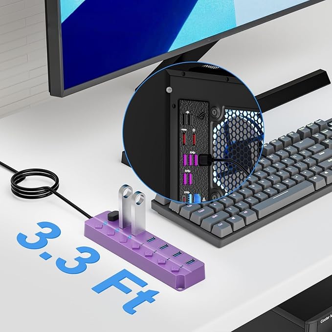 USB Hub 3.0, 7-Port USB Hub Splitter with Individual On/Off Switches and Lights, 3.2ft/1m Long Cable Compatible with MacBook, Laptop, Surface Pro, PS4, PC, Flash Drive, Mobile HDD-Purple