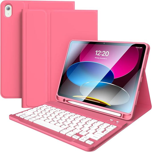 iPad 10th Generation Case with Keyboard for Apple 10th 2022 10.9" Keyboard Case with Pencil Holder, Rechargeable Detachable BT Keyboard for New iPad 11th(2025 A16) (HOT Pink)
