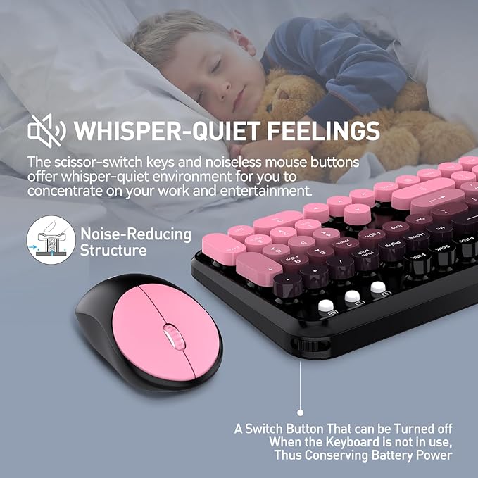 Wireless Keyboards and Mouse Combos, Colorful Cute Typewriter Full-Size Retro Creamy Keyboard, 2.4GHz Sleep Mode Office Quiet Wireless Keyboard and Mouse Set for Desktop Laptop PC Computer-BlackBerry