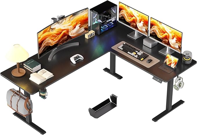 75x61 Inches Reversible L Shaped Standing Desk Height Adjustable with Cup Holder, Electric Corner Computer Workstation for Home Office, Ergonomic Sit Stand up Gaming Desk, Black