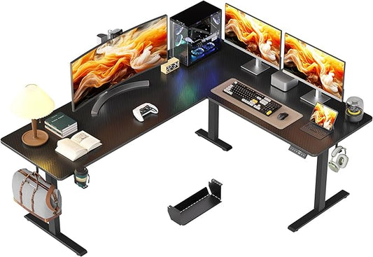 75x61 Inches Reversible L Shaped Standing Desk Height Adjustable with Cup Holder, Electric Corner Computer Workstation for Home Office, Ergonomic Sit Stand up Gaming Desk, Black