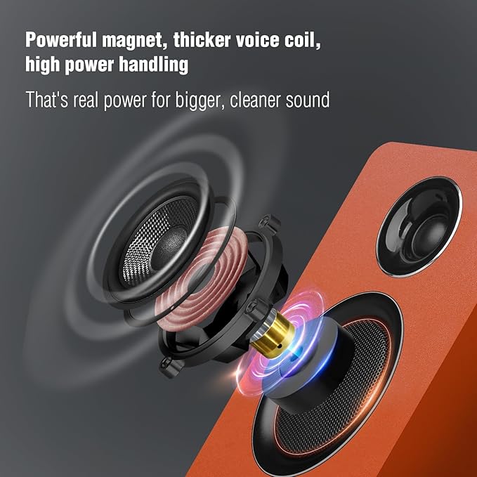 Computer Speakers for Desktop PC, Active Bookshelf Speaker with 3‘’ Carbon Fiber Woofer and Silk Film Tweeter ,Supports Bluetooth 5.3, USB-C, AUX/RCA Input for Record Player TV - Orange Stereo Set