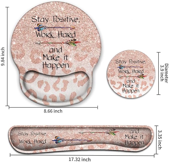 Keyboard Wrist Rest and Mouse Pad with Wrist Support, Ergonomic Gel Mouse Pad Coaster Easy Typing Pain Relief,Memory Foam Keyboard Mousepad Set,Stay Positive Work Hard and Make It Happen Leopard