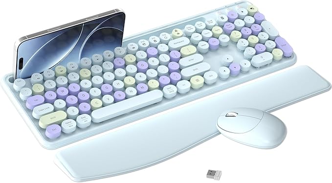 Colorful Wireless Computer Keyboard and Mouse Combo with Phone Holder, Wrist Rest, Typewriter Keys, 2.4GHz Wireless, Full-Sized Optical Mouse for PC and Laptop (Light Blue)