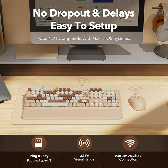 Wireless Keyboard and Mouse Combo, Round Keycaps, Full-Size Retro Typewriter Keyboard with Detachable Wrist Rest, Sleep Mode & Tilt Legs, 2.4GHz Cordless Connection for Mac/Windows/PC (Latte-Colorful)