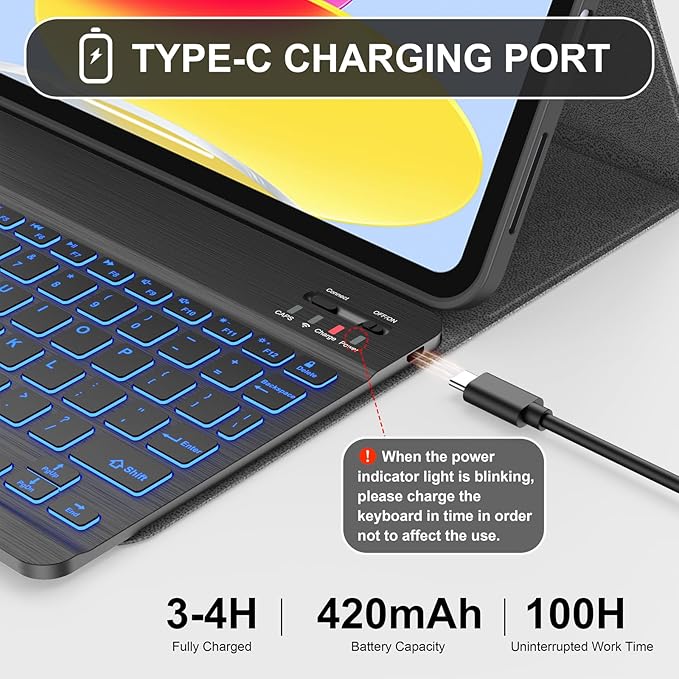 Soke for iPad (A16) 11th/10th Generation Case with Keyboard(2025/2022)-7 Color Backlight Wireless Detachable Folio Keyboard Cover with Built-in Pencil Holder for iPad 11/10.9 inch, Black Marble