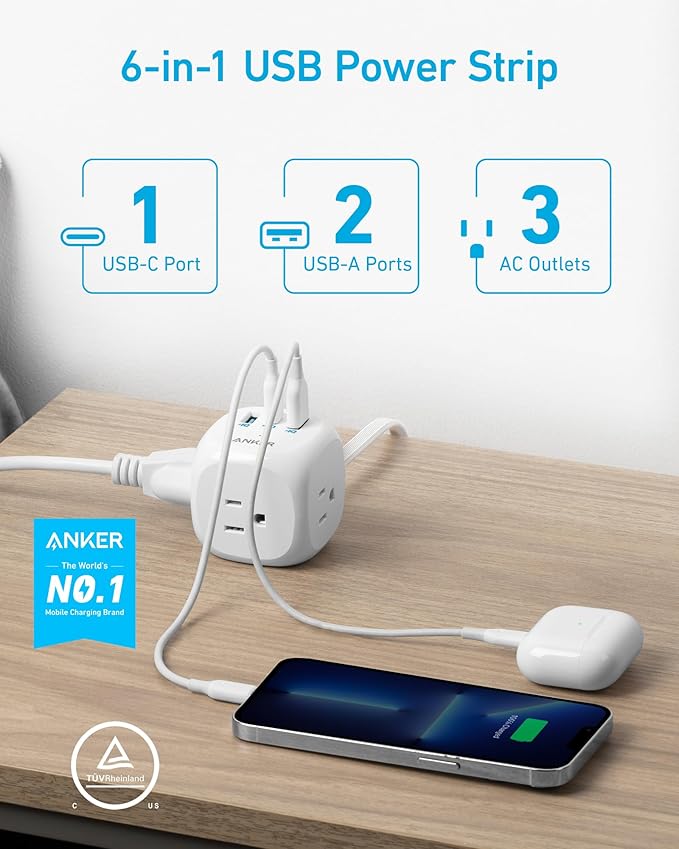 Anker 321 Power Strip with 20W USB-C, 3 Outlets and USB-C Charging for iPhone 15/14 Series, 5 ft Thin Cord and Flat Plug, Power Delivery, for Dorms, Home Office, Cruise, Travel, TUV Listed