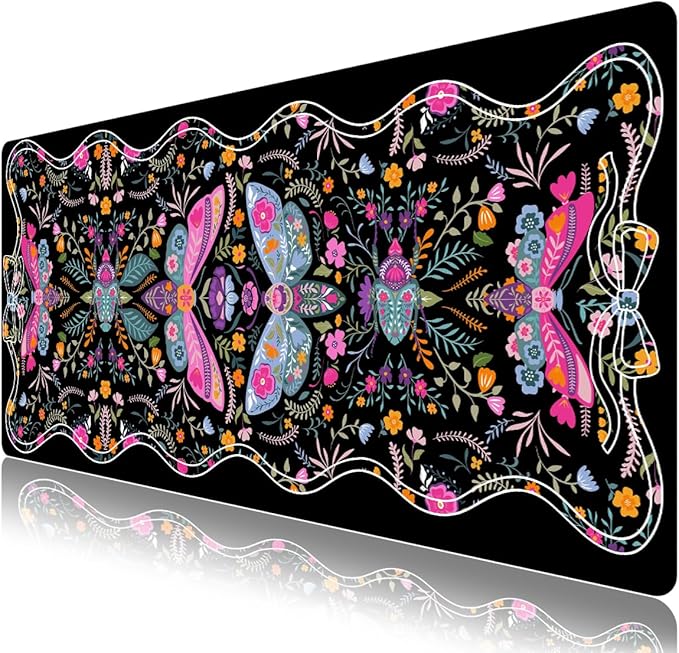 Desk Mat for Keyboard and Mouse, Large Non-Slip Mouse Pad Keyboard Pad, Computer Mats for Desktop, Cute Desk Pad with Stitched Edges for Office, Gaming I Black Colorful Folk Art