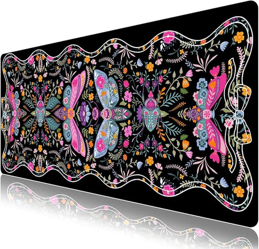 Desk Mat for Keyboard and Mouse, Large Non-Slip Mouse Pad Keyboard Pad, Computer Mats for Desktop, Cute Desk Pad with Stitched Edges for Office, Gaming I Black Colorful Folk Art