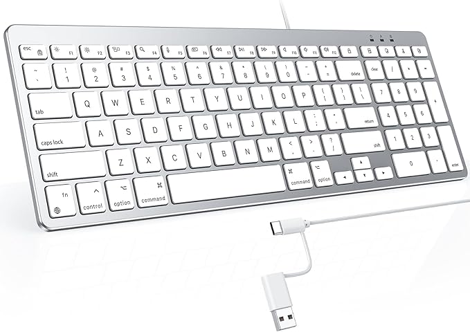 OMOTON Wired Keyboard Compatible with Mac, with Dual Interface (USB and Type-C), Numeric Keypad Compatible with MacBook Pro/Air, iMac, Mac mini/Pro Laptop, Silver