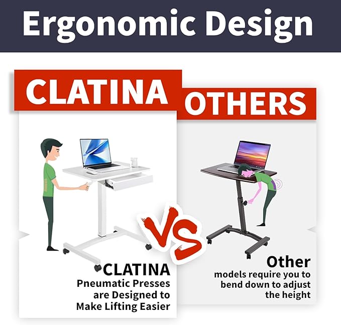 CLATINA Mobile Laptop Standing Desk, Height Adjustable Teacher Podium with Lockable Wheels, Adjustable Work Table with Drawer, Computer Cart Overbed Table for Home Office Classroom, White