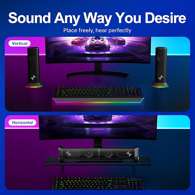 Nylavee Computer Speakers for Desktop PC, Immersive Sound with RGB Lights, USB/USB-C Powered & 3.5mm AUX-in Plug-and-Play Speakers for Monitor & Laptop
