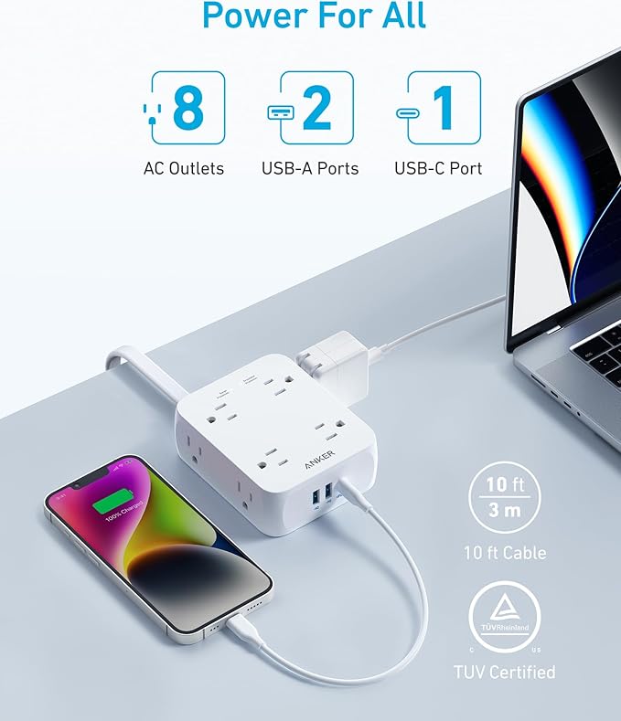 Anker Power Strip with 2000J Surge Protector, Flat Plug Extension Cord with Multiple Outlets, 8 AC, 2 USB A & 1 USB C Port for 20W, 10ft Outlet Extender, Dorm Room Essentials, Home Office, TUV Listed