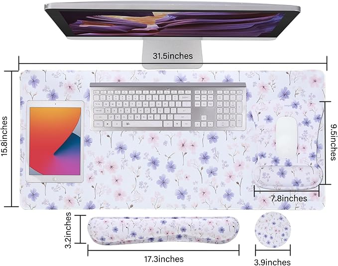 MEGREZ 4-in-1 Ergonomic Memory Foam Wrist Rest Set, Desk Pad, Mouse Pad with Wrist Rest, Keyboard Pad, Suitable for Office Workers, Programmers & Gamers–Relieve Typing & Gaming Fatigue, White Flower