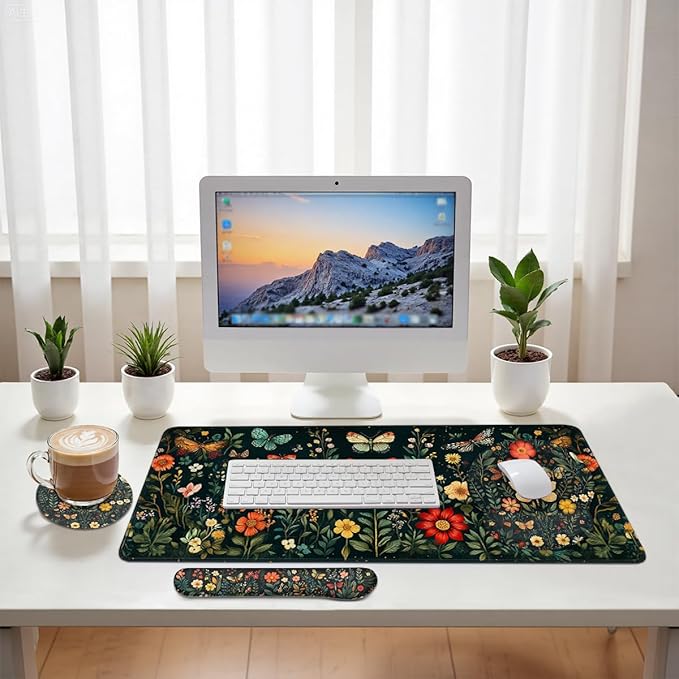 Butterfly Mouse Pad Set Colorful Floral Garden Fantasy Gaming Mousepad 4in1 Desk Mat for Desktop Anti-Slip XXL Big Computer Ergonomic Mousepad with Wrist Support for Keyboard and Mouse