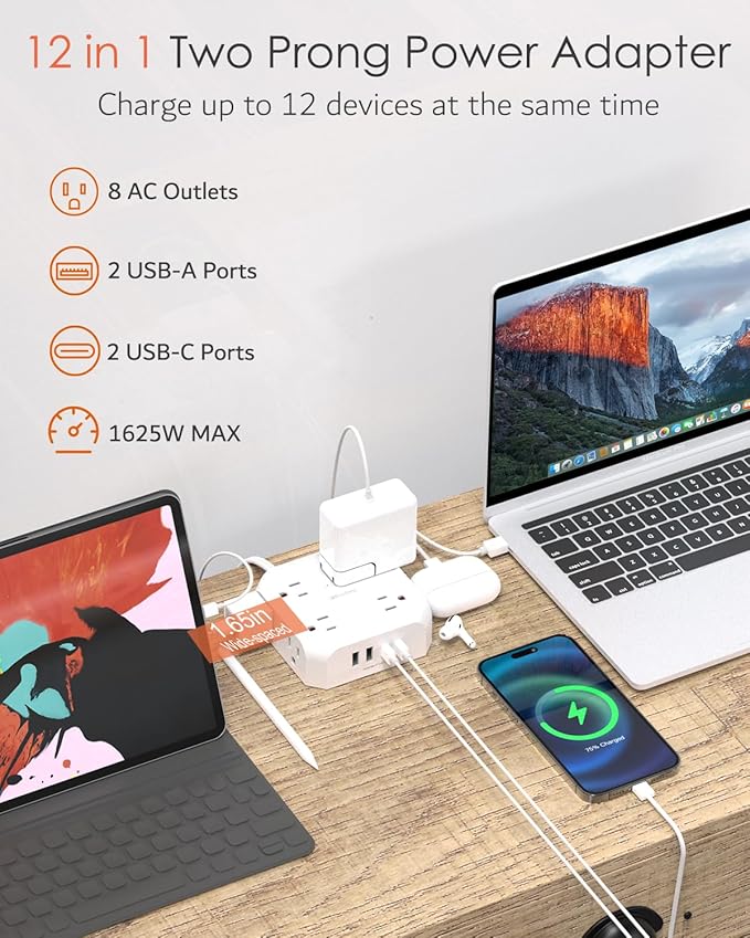 2 Prong Power Strip, WRXDMC 2 Prong to 3 Prong Outlet Adapter, 1400J Two Prong Surge Protector, 10ft Extension Cord, 8 AC Outlets with 2 USB C Port and 2 USB A Port, Wall Mountable,Ideal for Old House