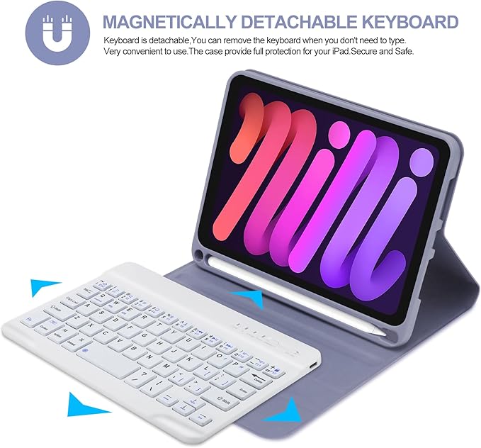 BORIYUAN iPad mini 6 Keyboard Case 2021, Detachable Wireless Bluetooth Keyboard Slim Folio Smart Cover with Build-in Pencil Holder for iPad mini 6th Generation 8.3 inch – Lavender