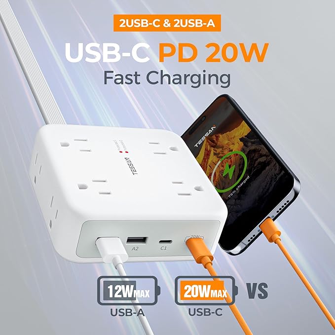 TESSAN Surge Protector Power Strip, 5 Ft Extension Cord Flat Wall Plug with 4 USB (2 USB C) 8 Outlets, 2100J Protection, 1875W 15A, 20W Multiple Desk Charging Station for Home, Office, Dorm Room