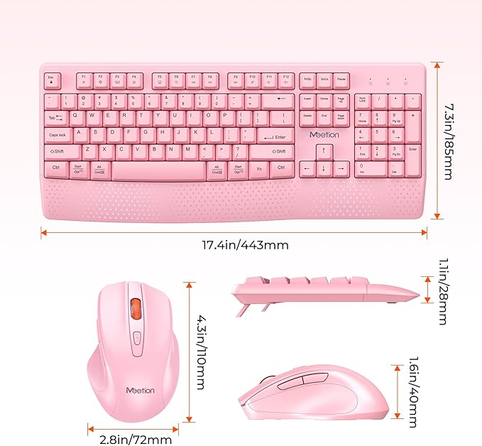 MEETION Wireless Keyboard and Mouse, Full-Sized Cordless Keyboard with Wrist Rest, 3 DPI Adjustable Mouse, Keyboard and Mouse Set with 2.4GHz USB Receiver, for PC/Computer/Laptop/Windows/Mac, Pink