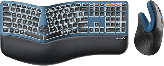 ProtoArc Backlit Wireless Full Size Ergonomic Keyboard Blue and Bluetooth Ergonomic Vertical Mouse Blue