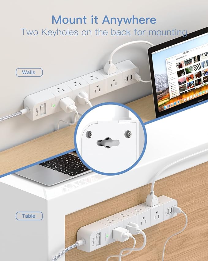 One Beat 10 ft Extension Cord,Power Strip Surge Protector 8 Widely AC Outlets 3 USB,Flat Plug,Desktop Charging Station with Overload Protection,Wall Mount for Home,Office,Travel,Computer ETL Listed
