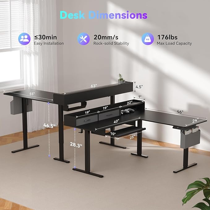 63 Inches Height Adjustable L Shaped Standing Desk with 2 Drawers and Keyboard Tray, Electric Sit to Stand Home Office Comupter Table, Ergonomic Corner Gaming Desk, Black