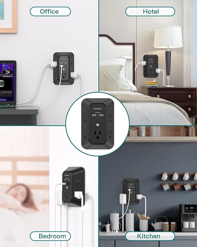 Outlet Extender Surge Protector, Addtam 5-Outlet Splitter with 4 USB Wall Charger(PD 20W), Multi Plug Wall Outlet Power Strip for Home, Dorm Room Essentials Black