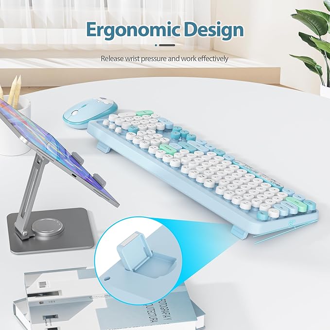 Fogruaden Wireless Keyboard and Mouse Combo, 2.4GHz Retro Typewriter Keyboard, 104 Full Size Round Keycap Cute Computer Keyboard with Number Pad, Blue Colorful Keyboard for Windows PC Laptop(Blue)