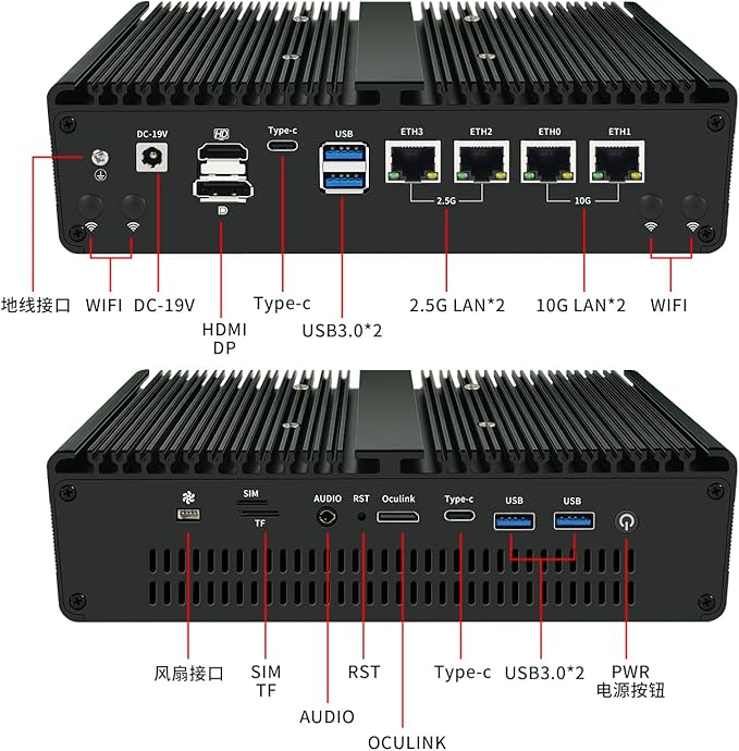 NAS AMD R5-7640HS Firewall Software Router,4*LAN(2 * 2.5G+2 * 10G Network Ports),2*SO-DIMM DDR5 5600MHz,4*M.2 NVME(Support PCIE),HDMI+DP+2*Type-C
