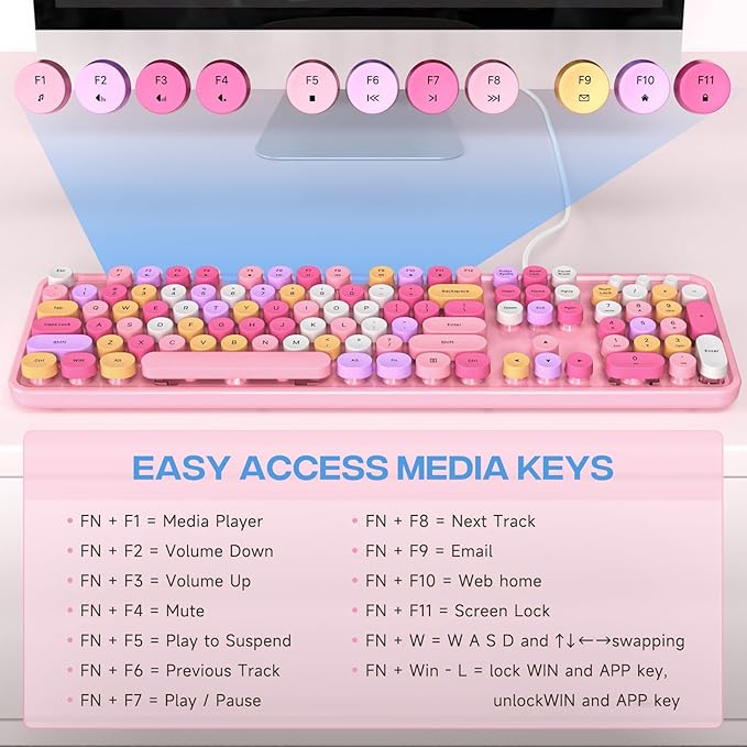 Computer Keyboard Wired, Plug and Play USB Retro Round Typewriter Keyboard, Full Size Wired Keyboard with Foldable Stands for Laptop and Office PC- Pink Colorful