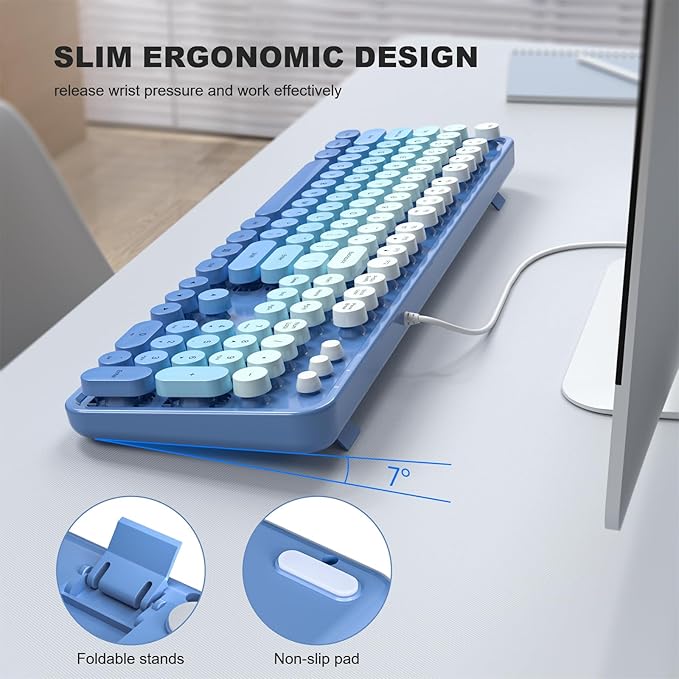 MOFII Computer Keyboards Wired, Plug Play USB Full Size Typewriter Keyboard, Cute Colorful Aesthetic Keyboard with Foldable Stands for Windows PC Laptop (Blue Gradient)