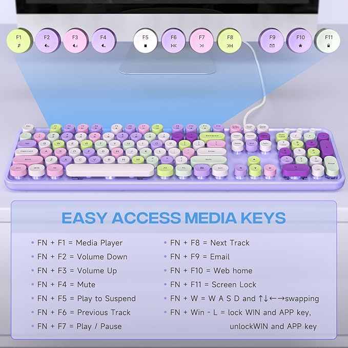 KNOWSQT Wired Computer Keyboard - Purple Colorful Retro Full Size Round Keycaps Plug and Play Typewriter Cute Keyboards for Windows, Laptop, PC, Desktop, Computer