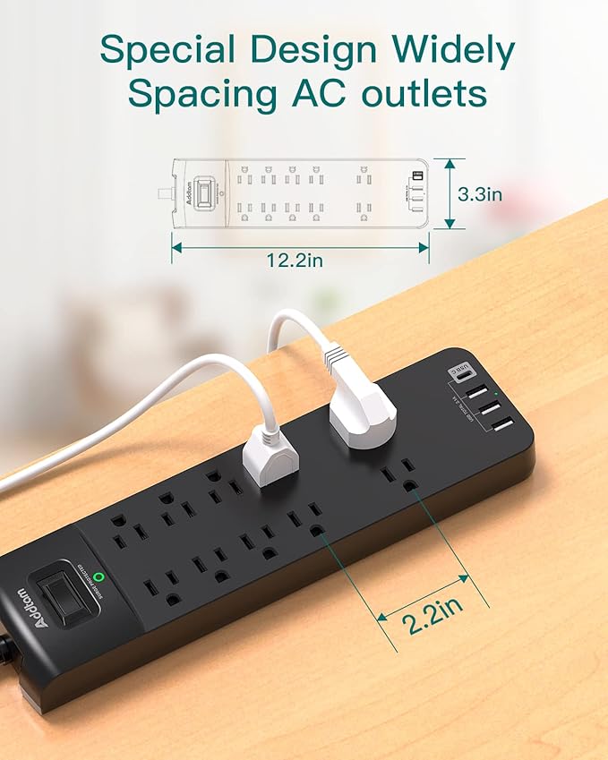 Addtam 15FT Long Power Strip, Surge Protector with 10 Outlets and 4 USB Ports, Extension Cord with Flat Plug, 2700 Joules, ETL Listed, Black