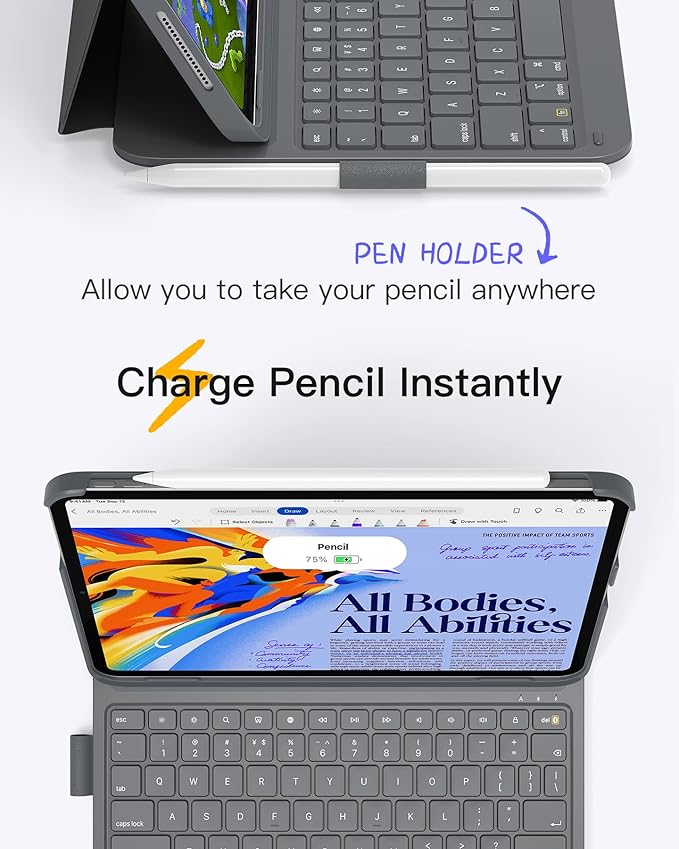 Inateck for iPad 10th/11th Gen Case with Keyboard, Ultralight Keyboard with Pen Holder for A16 2025/10th Gen(2022 10.9"), Air 11" M4/M3/M2 (2026/2025/2024), Air 5/4, Pro 11 4/3/2/1,AirTap Gray