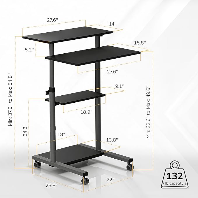 Mount-It! Rolling Desk Adjustable Height up to 54.7", Portable Standing Desk for Laptop or Podium Stand with Wheels, Mobile Roller Presentation Cart, Computer Work Station 27.5" Wide, Locking Wheels