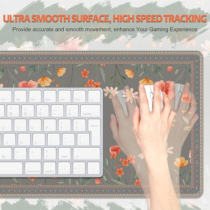 Desk Pad for Keyboard and Mouse, Large Mouse Pad for Desk, Non-Slip Keyboard Mat, Computer Mats for Desk, Cute Desk Pad with Stitched Edges for Office, Gaming I Brown Butterflies Flowers
