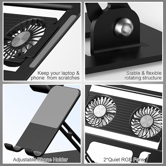 Laptop Cooling Stand with Detachable Fan,2-IN-1 Laptop Stand with Phone Holder and Silent Fans,Adjustable Height and Angle,Carbon Steel Framework,Laptop Cooling Pad for up to 16”Laptop (Black)